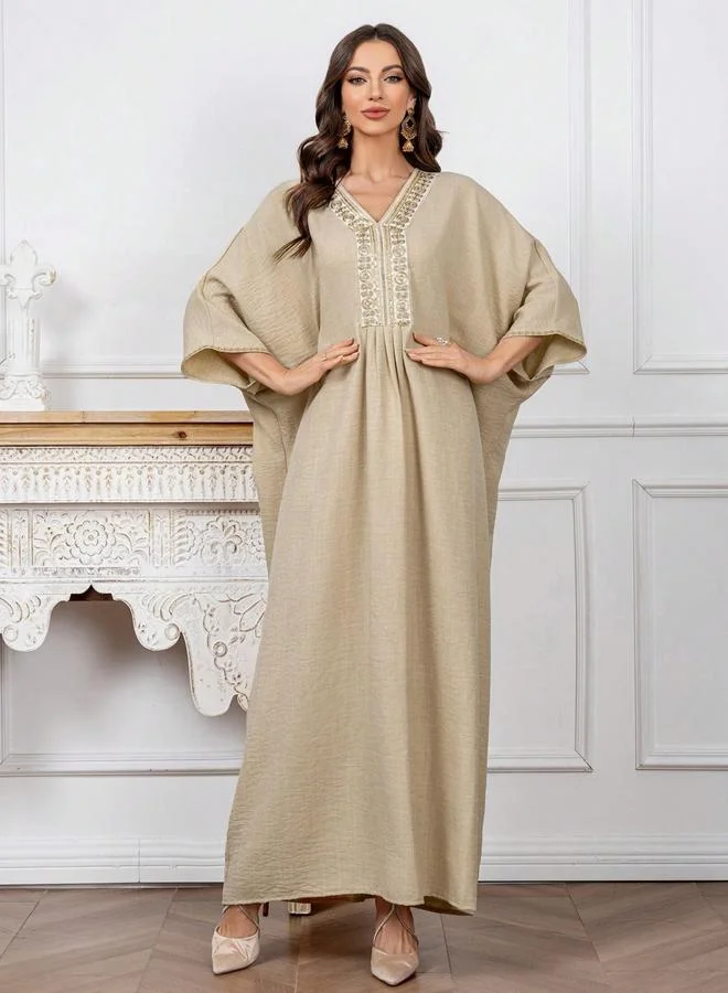 Take Two beige Women Beige Embroidered Batwing Sleeve Jalabiya for Women | Best Price UAE